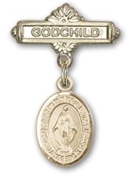 Gold Filled Baby Badge with Miraculous Charm and Godchild Badge Pin