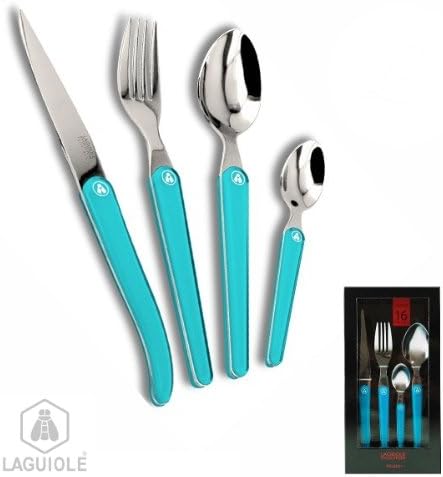 LAGUIOLE 16 piece Cristal boxed set, turquoise trend translucent. Stainless steel. This magnificent single block cutlery will grace any table, while your guests will remember the inlaid trend cutlery, with a new look design.
