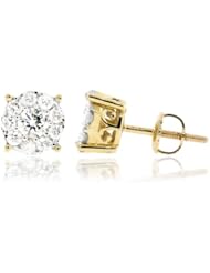 1.10CT, White Round Brilliant cut Diamond prong Cluster womens Stud Earrings in 14K Yellow Gold