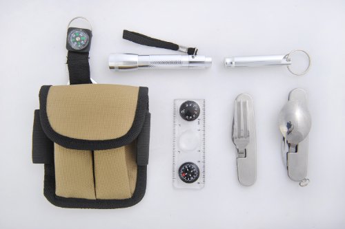 Voyage: Outil portatifs Multi-fonctions (6-en-1): Sifflet, Multi-Function ustensils de table (fourchette, couteau, ouvre-bouteille, cuillère), boussole / thermomètre, loupe, lampe de poche, crochet d'escalade, miroir, filet, Traveler1