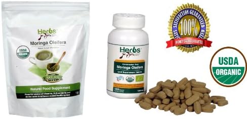 Herbs India Bundle - 2 Items: Freeze Dried Moringa Leaf (Oleifera Leaves) Powder, 16 Ounce (1 lb) and Moringa Oleifera Leaf Tablets 1000mg(100 Count) - 100% USDA Certified Organic