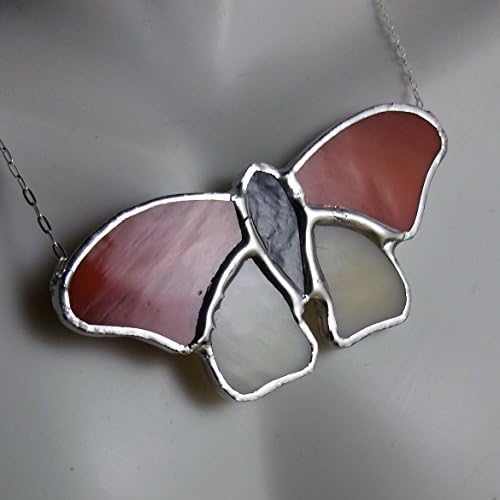Stained glass Butterfly Necklace, Unique Handmade Jewelry, Butterfly in Orange, Off White, Grey, Sterling Silver, Lead-Free, HipChickJewelry