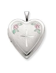Genuine .925 Sterling Silver 20mm Enameled Flower and Cross Heart Locket. 100% Satisfaction Guaranteed.