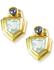 14 Karat Gold Cabochon Sapphire and Shield Cut Genuine Aqua Marine Earrings