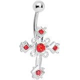 Red Gem Silver Tone Gothic Cross Belly Ring