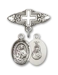 Sterling Silver Baby Badge with Our Lady of Mount Carmel Charm and Badge Pin with Cross