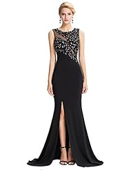 Floor Length Round Neck  Sleeveless Tulle Applique Lace Beaded Slit  Ball Gown Evening Dress/Prom Dress/Party Dress 
