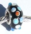 Murano Style Glass Lampwork Bump Bead Fits Pandora Black with Lt Blue, White, and Orange Dots, 14mm (1)