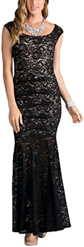 Evening Envy Women's Floor Length Mermaid Sequin Lace Formal Party Dress Black Nude M (23555)