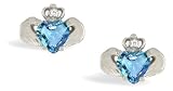 14K White Gold Genuine Heart Blue Topaz and Diamond Celtic Claddagh Earrings