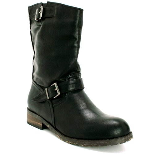 New Womens Leather Style Black Biker Buckle Flat Ankle Boots Sz 7