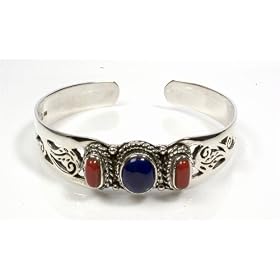 STERLING SILVER BANGLE BRACELET with Lapis Coral by Toltec Trading Company