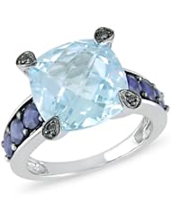 10k White Gold Blue Topaz, Sapphire and Black Accent Diamond Ring (0.02 Cttw)