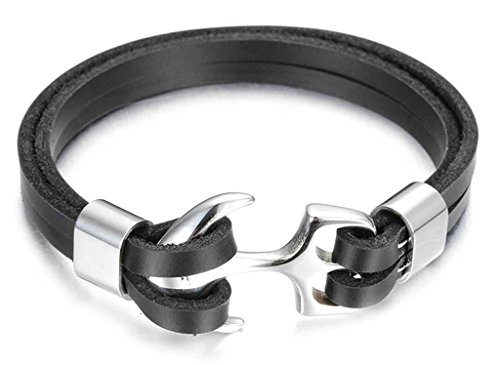 Mens Bangle Bracelets PU Leather Black Weave White Anchor by Aienid