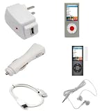 USB Data Hotsync & Charging Cable + USB Car Charger + USB Home Travel Charger + Solid Gray Snap On Crystal Cover Case + White Stereo 3.5mm Headset + Clear Reusable LCD Screen Protector for Apple Nano Chromatic 8GB 16GB 4th 4G Generation