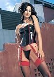 2PC Vinyl Red Lace Trim Zipper Front Bustier Sexy Lingerie Intimate Apparel with Lace Up Back Removable Garter Belt and G-String