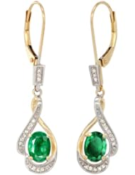 14k Gold 3/4 in. (19mm) tall Lever Back Dangle Earrings, w/ 0.13 Carat Brilliant Cut Diamonds & 2.40 Carats Oval Cut 7x5mm Emerald Stones