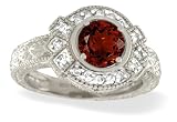 14K White Gold Genuine Round Garnet and Diamond Antique Ring