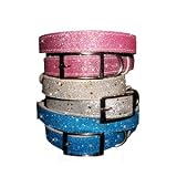 "Bedazzle" Personalizable Glitter Leather Collar for Dog and Cat - Silver, X-Small (7"-11")