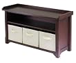 Winsome 94801 Verona Storage Bench with 3 Foldable Fabric Baskets - Walnut and Beige