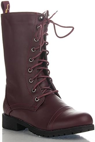 Women's Military Combat Colored Lace Up Mid Calf Boots With Zipper Closure NEW WINE PU (10)