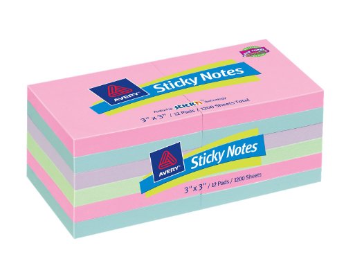Avery Sticky Notes, 3 x 3 Inches, Assorted Colors, Removable, Pack of 1200 (22635)