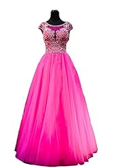 Tulle Scoop Neck Cap Sleeves Pleated Sheer Beaded Crystal Crystals  Sequined Evening Dress  With Ruffles
