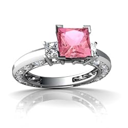 White Gold Square Created Pink Sapphire and Diamond Engagement Ring