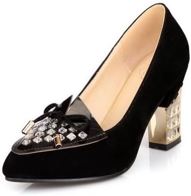 Vogue009 Females Ladylike Closed Pointed Toe Frosted Chunky Heels Pumps with Rhinestones and Bowknot, Black, 36