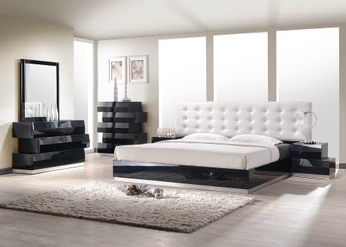 J&M Furniture Milan Black Lacquer With White Leatherette Headboard Queen Size Bedroom Set