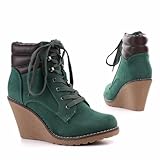 Damen Schuhe, STIEFELETTEN, KEIL WEDGES ANKLE BOOTS, KA-891, Synthetik in hochwertiger Leder Optik, Grün, Gr 38