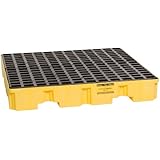 Eagle 1645 Yellow and Black Polyethylene 4 Drum Low Profile Spill Containment Pallet with Flat Top Grating, 8000 lbs Load Capacity, 51.5" Length, 51.5" Width, 8" Height