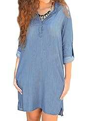 Long Sleeves Cotton/Polyester High-Low-Hem Pleated Spring  Shirt Mini Dress 