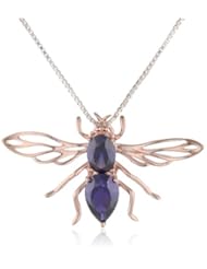 Sterling Silver with Pink Gold Plated Amethyst Color Cubic Zirconia Flying Insect Pendant Necklace, 18"
