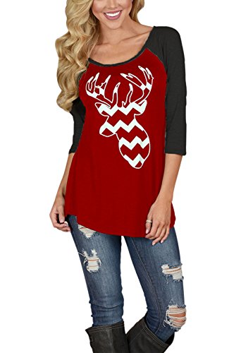 Sumtory Women Chrismas Reindeer Printed 3/4 Sleeve Pull On T Shirt Tops