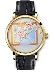 SPRAWL Aanalog Fashion Series Gold Ladies Watches of Genuine Black Leather Strap,Unique Wrist Watch for Women Girls Designed with Flower frame 3D