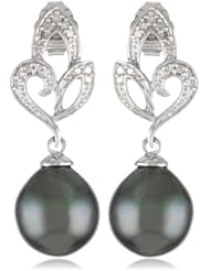 10k White Gold 9-9.5mm Tahitian Cultured Pearl and Diamond Flower Earrings (0.1 cttw, G-H Color, I2-I3 Clarity)