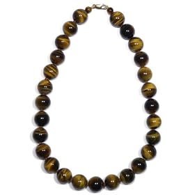 14k Yellow Gold 14mm Tiger's Eye Bead Necklace, 17" by 