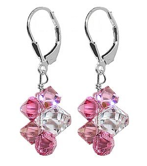 Scintillating Pink And Clear Swarovski Crystal Cluster Sterling Silver Leverback 1″ Dangle Earrings