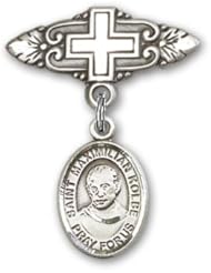 Sterling Silver Baby Badge with St. Maximilian Kolbe Charm and Badge Pin with Cross