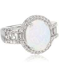 Sterling Silver Oval Created Opal Round and Baguette Created White Sapphire Ring, Size 7
