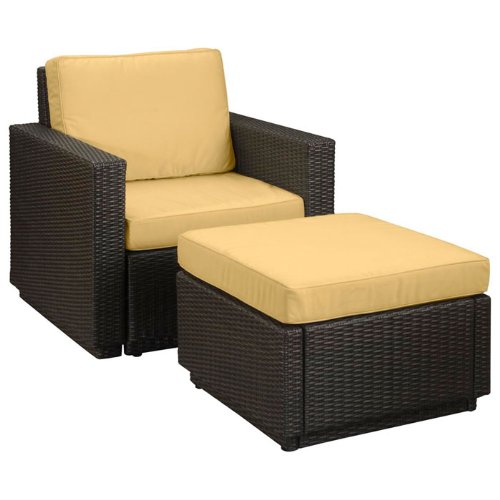 Riviera Outdoor Arm Chair and Ottoman with Harvest Fabric Harvest Fabric/Deep Brown Wicker
