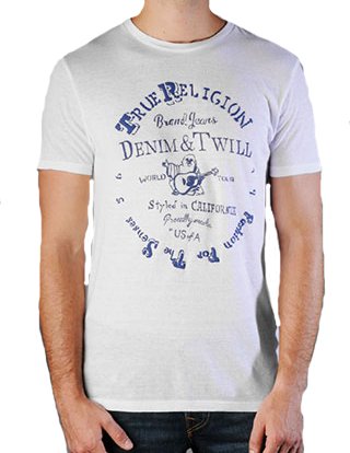 True Religion Brand Men's Denim Twill Tri-Blend Shirt-White/blue
