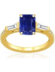18K Yellow Gold Emerald Cut Blue Sapphire Ring With Sidestones