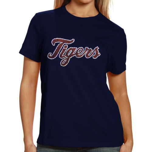 Detroit Tigers Ladies Sequin Jersey Logo Premium T-Shirt - Navy Blue (Small)