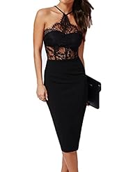Sexy Lace Sheer Fitted Polyester/Spandex Summer Halter Sleeveless Bandage Dress/Club Dress/Party Dress/Midi Dress 