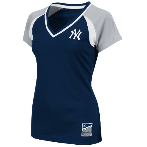 MLB New York Yankees Women's Short Sleeve Raglan Deep V-Neck Synthetic Tee (Athletic Navy/Stone Gray/White, Small)