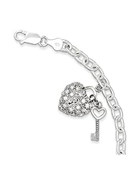 Sterling Silver CZ Heart & Key Open Link Bracelet