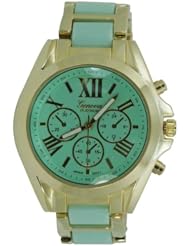 Geneva Platinum 12468112-GREEN/GOLD Womens Roman Numerals Decorative Chronograph Link Watch