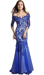 Mermaid Mesh Lace Off the Shoulder Elbow Length Sleeves Chiffon Evening Dress/Prom Dress/Party Dress/Wedding Dress 